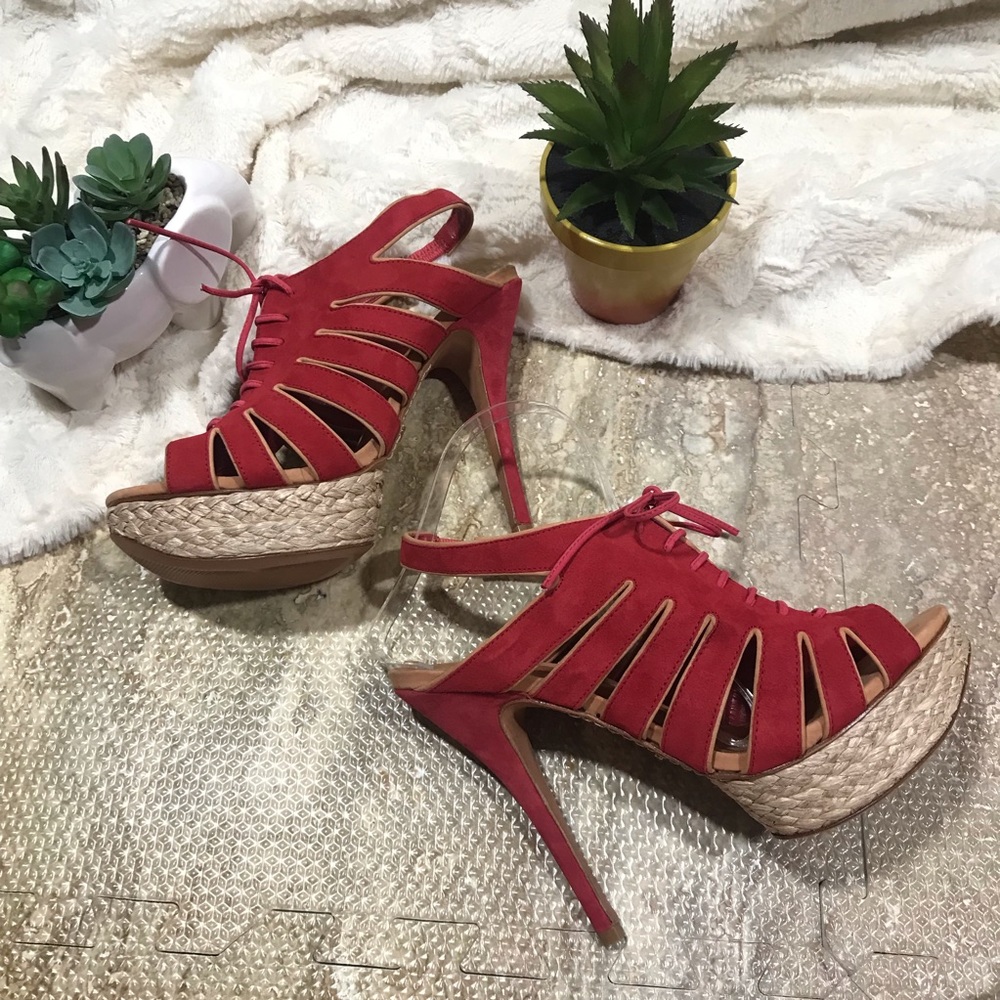SCHUTZ Red Ashley Platform Peeptoe Espadrille